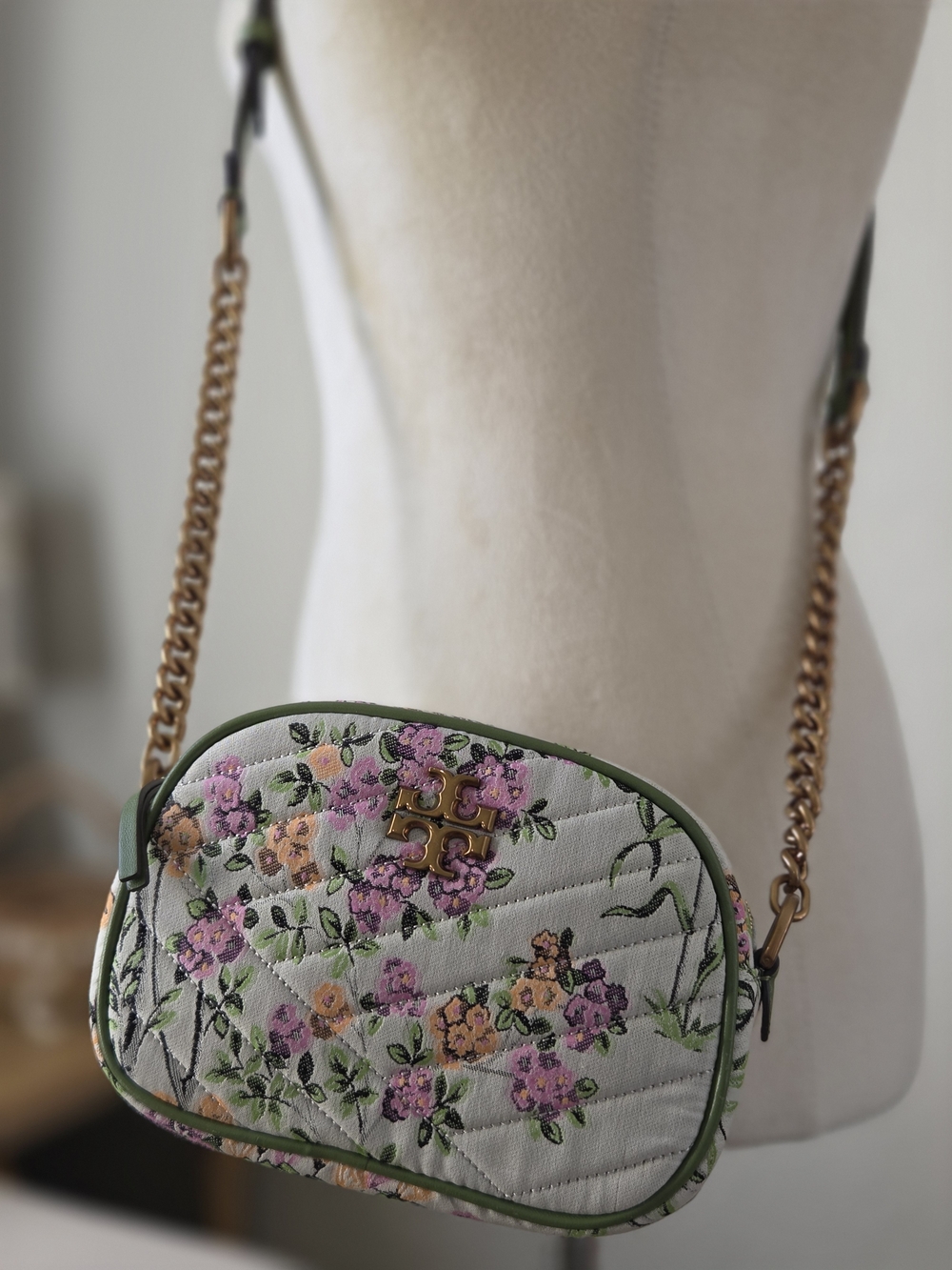 Tory Burch Quilted Floral Crossbody in Cream, Green and Pink Limited Edition